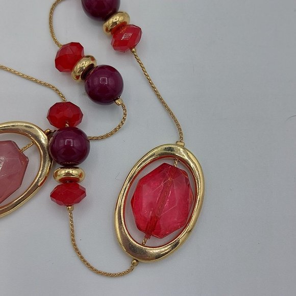 Gold Toned Chain Resin Stones Faceted Pink Ruby Red Very Long Double Strand 36" - Picture 2 of 6